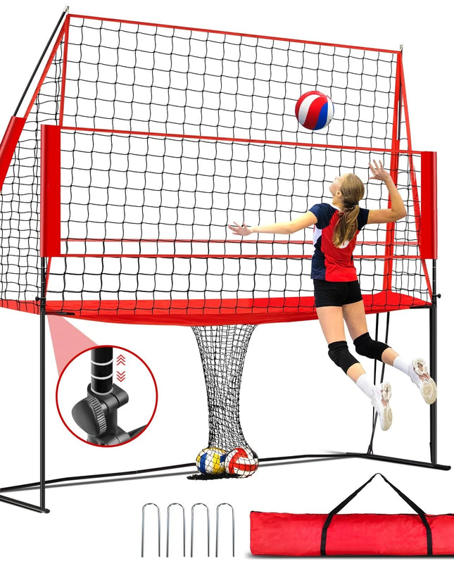 Volleyball Practice Net Station, with 3 Adjustable Heights-7'4'', 7'8'', 8', Red