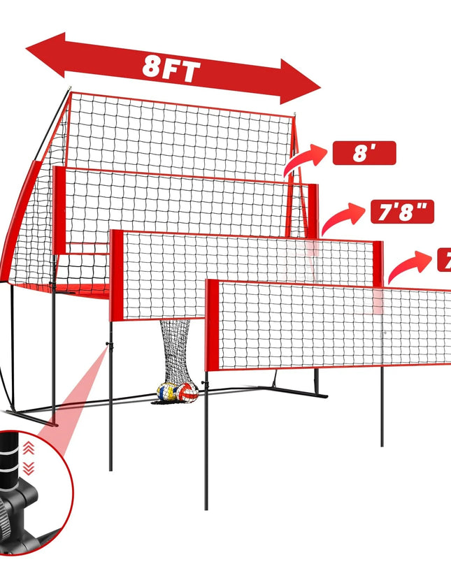 Volleyball Practice Net Station, with 3 Adjustable Heights-7'4'', 7'8'', 8', Red